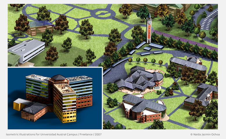 Isometric illustrations for Universidad Austral Campus